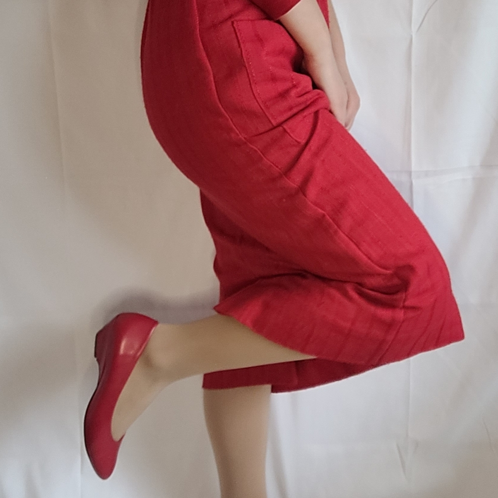 Vintage Red Belted Secretary Midi Dress - Picture 10 of 13
